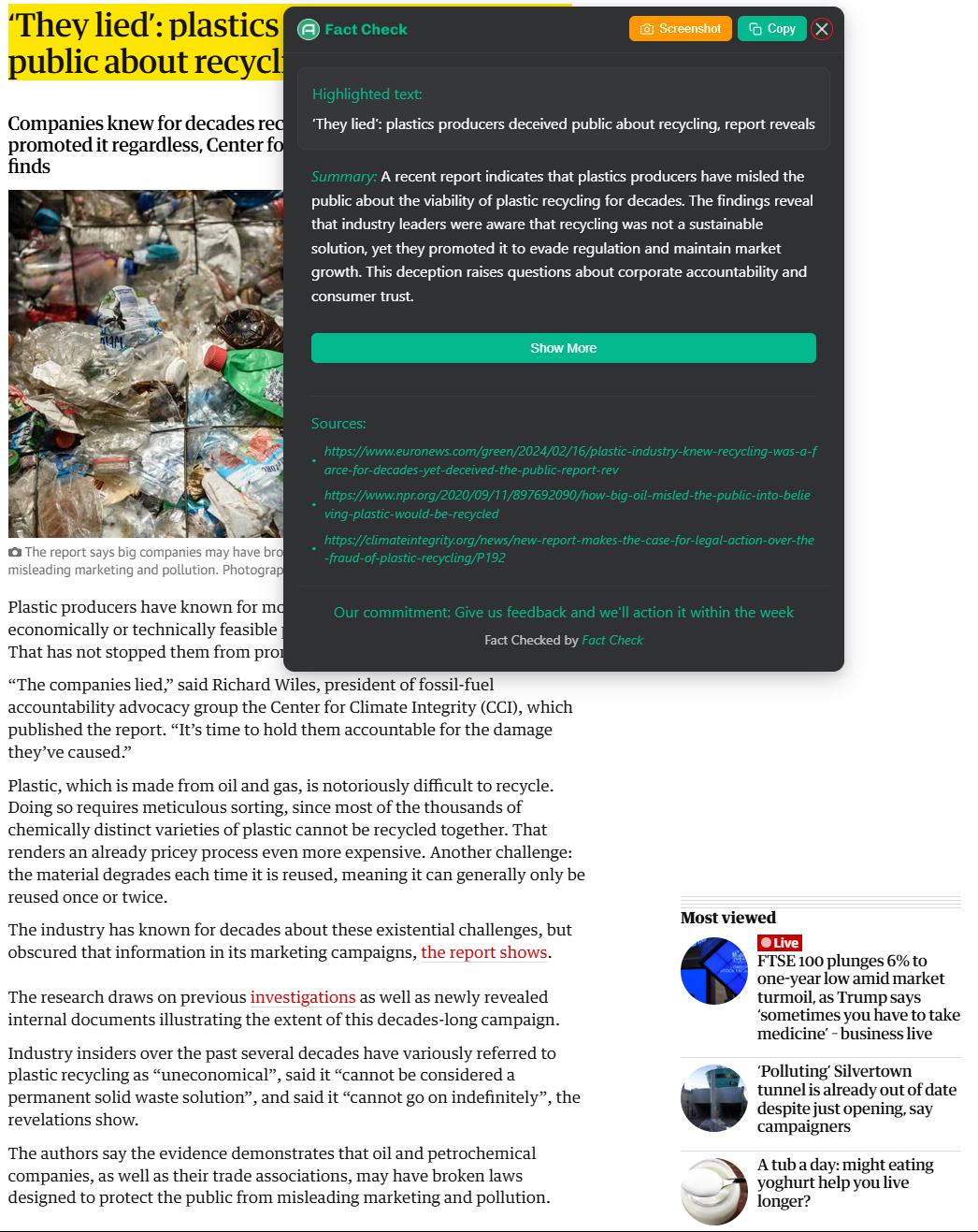 Step 2: View the initial fact check results with summary and sources